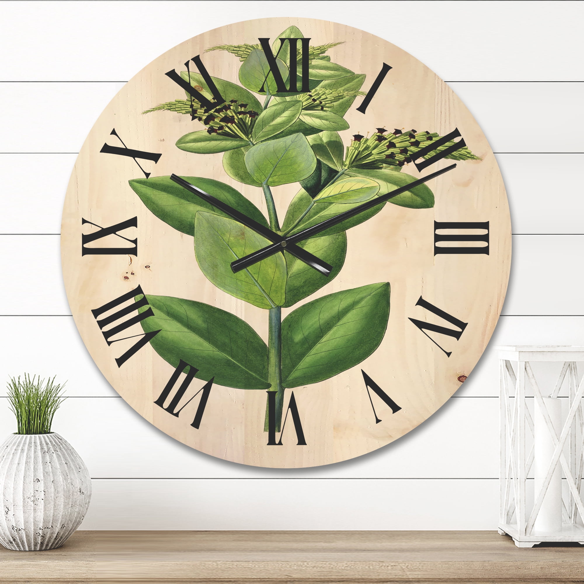 Designart 'Ancient Green Leaves Plants VI' Traditional Wood Wall Clock