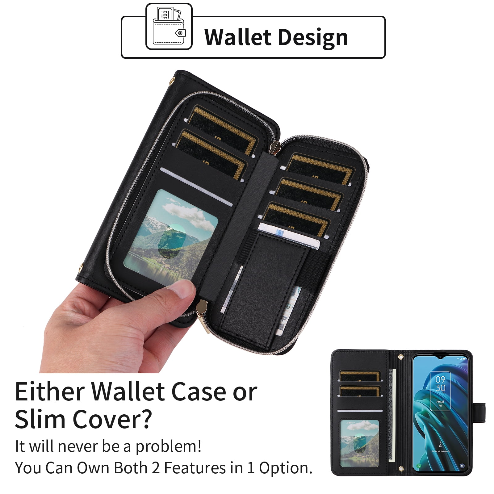 Furiet Argyle Wallet Case for TCL 30XE/30V/4X/20AX/20A/20R/Bremen 5G with Wrist/Shoulder Strap Slot Zipper Purse Card Holder Stand Phone Cover for TLC T601DL 30 XE XE5G V 20 AX R A 6.67 Black