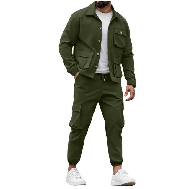 Npasoilc Sets for Men Men's Long-Sleeve Solid-Color Button-Down Zip Pocket Long-Sleeve Set
