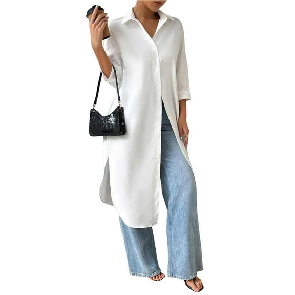 Women'S Casual Mid-Sleeves Button Down Shirts Solid Lapel Long Blouses Tops White S