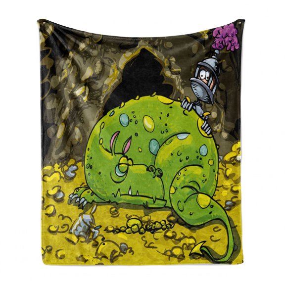 Dragon Soft Flannel Fleece Throw Blanket, Creature Sleeping on a Pile of Gold and Scared Knight Peering over Kids Cartoon, Cozy Plush for Indoor and Outdoor Use, 60" x 80", Multicolor, by Ambesonne