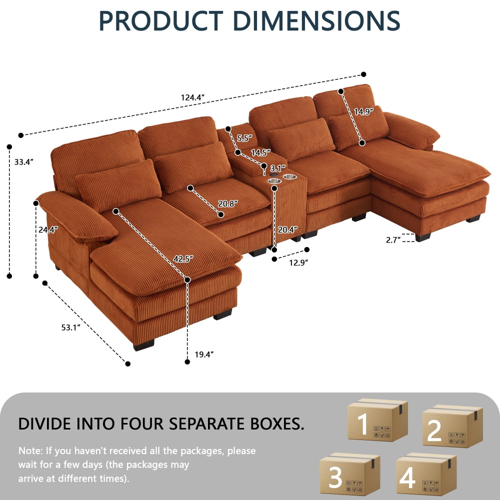 124" U-Shaped Modern Sectional Sofa w/ Console, Cup Holders & Pillows,  Comfortable Seating