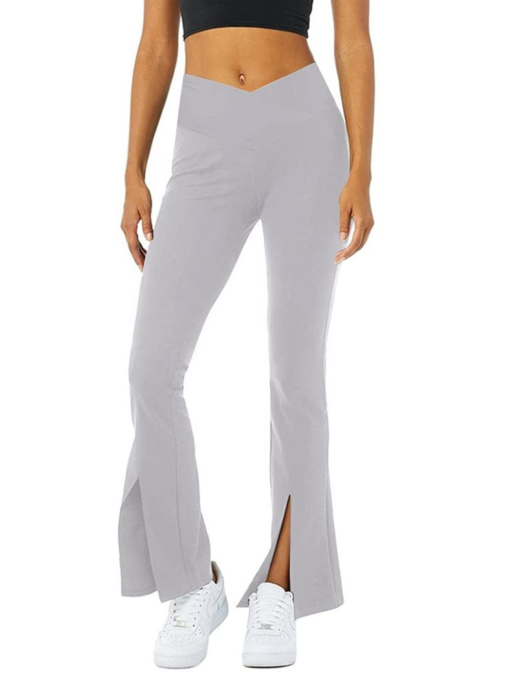 Langwyqu Solid Color Middle Waist Women Low Cut Casual Pants Split V Shape  Flare Leg Long Trousers