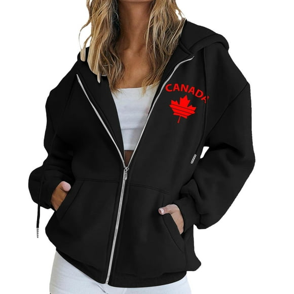 Women's Canada Maple Leaf Print Hooded Sweatshirt, Fashion Casual Oversized Pullover with Drawstring Hood and Front Zipper, Lightweight Breathable Streetwear Jacket for Fall Winter Seasons Black M
