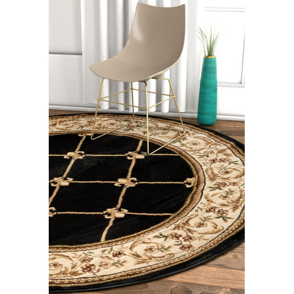 Patrician Trellis Black Lattice 5 Round (5'3" Round) Area Rug European French Floral Formal Traditional Area Rug Easy Clean Stain Fade Resistant Shed Free Modern Classic Thick Soft Plush Rug