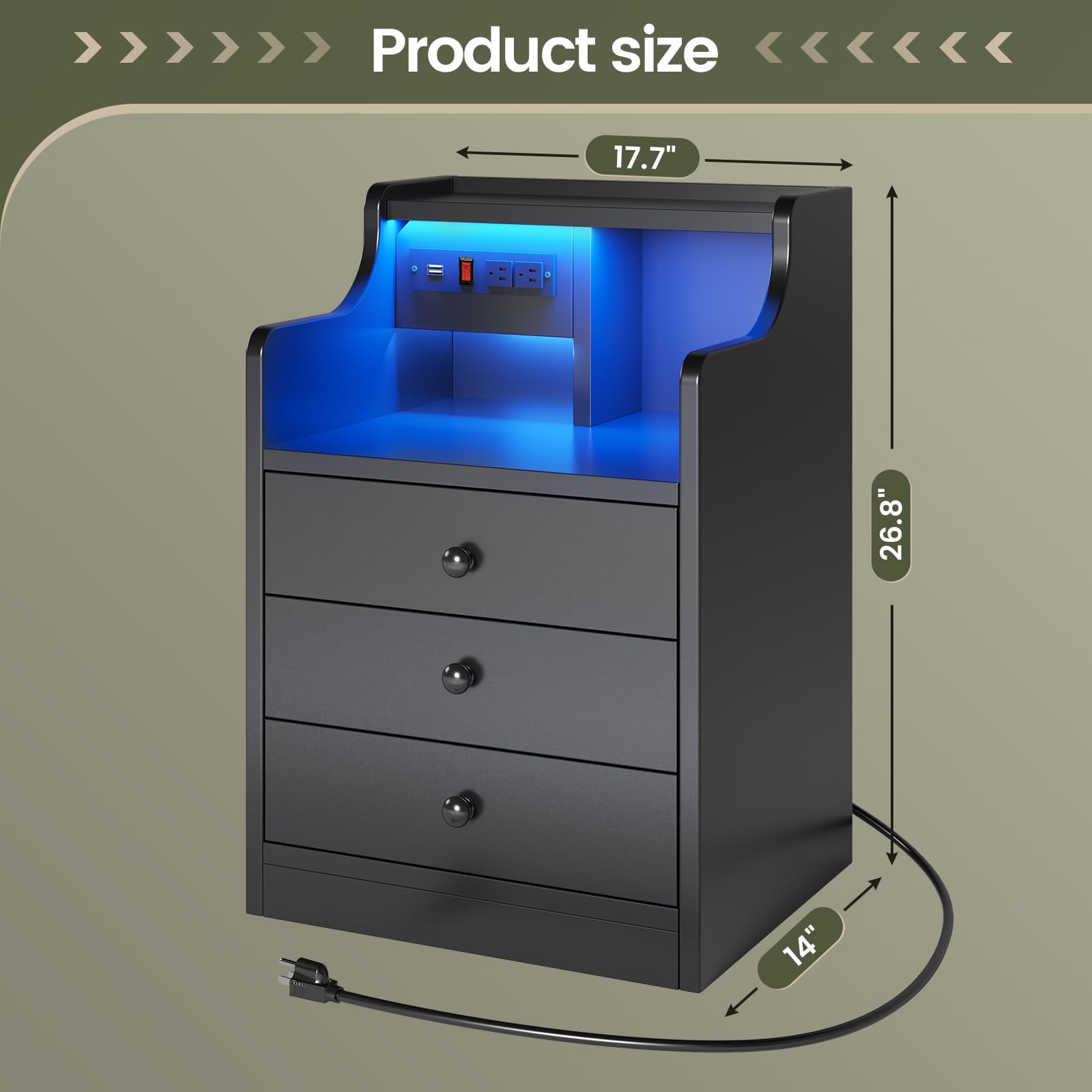 Nightstand with 3 Drawers and Hutch,Night Stand with LED Lights and USB Port Charging Station,LED Bedside Table with Shelves,Black