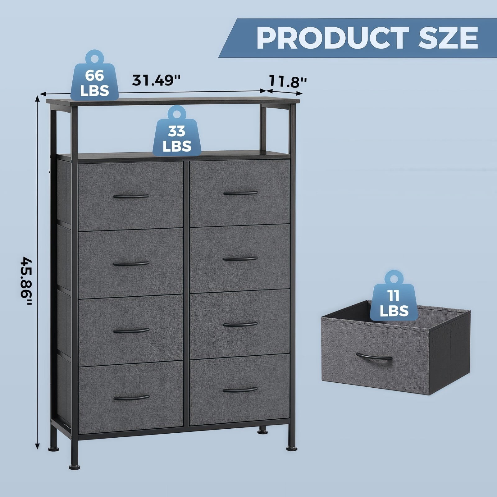 BEAUTYPEAK 8 Drawer Fabric Dresser with Wood Top Open Shelf Storage Chest with Adjustable Feet, Gray