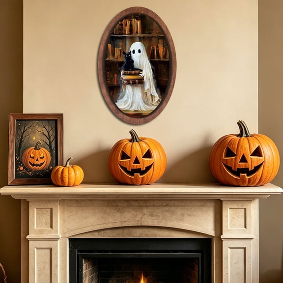Vintage Halloween Framed Wooden Print, Ghost Wall Art with Freestanding Design, Decor for Living Room Bedroom