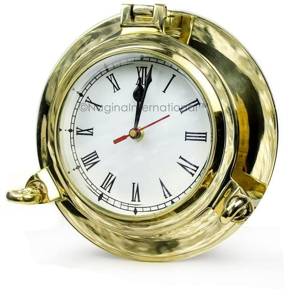 Nagina International Nautical Boat's Porthole Time's Clock | Maritime Brass Ship's Decor (Nickel Plated, 9 Inches)