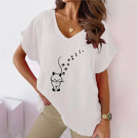 Mceream Funny Blouse for Women Dressy Casual Cotton Linen Short Sleeve Shirts Casual Lightweight Summer V Neck Tunic Tops Print Loose Fit Blouses Plus Size White XXL