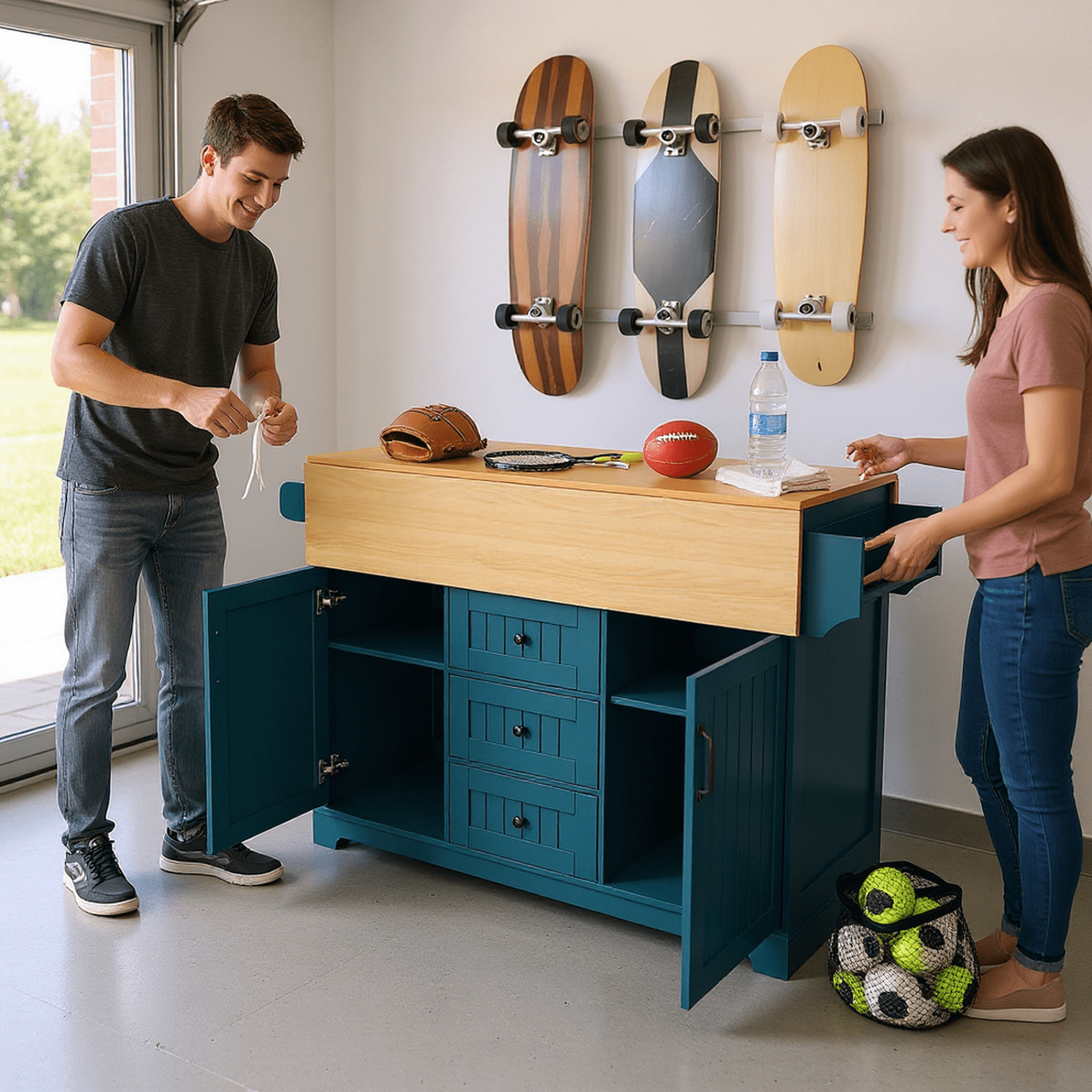 Homy Casa Rolling Large Garage Storage Cabinet with Dual Drop Leaves, Power Outlets for Office Gym, School
