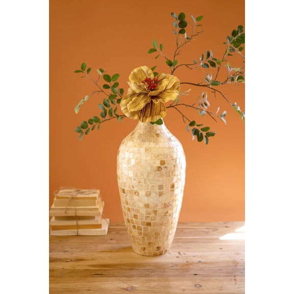Kalalou 20" H Spun Bamboo Vase with Neutral Capiz Shell Mosaic Detail