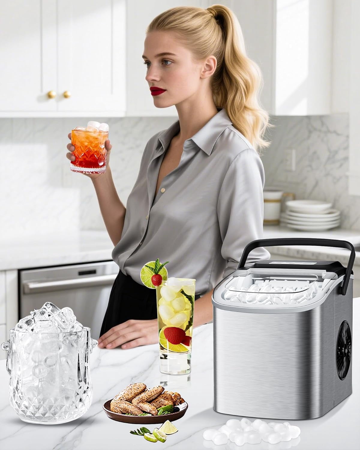Portable Countertop Ice Maker  26lbs/24H, Quiet -Cleaning Cubes in 9PCS/7Min with Scoop for  Party