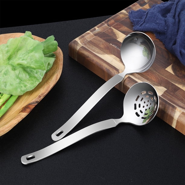 Colador de cuchara de sopa de acero inoxidable | Cuenco grande de acero 304 | Mango aislado a prueba de calor | Utensilio de cocina resistente a la oxidación | Apto para lavavajillas | 23x6.8cm |