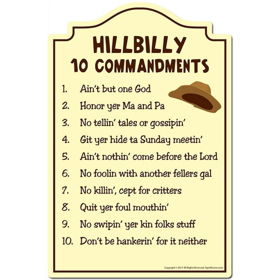 Hillbilly 10 Commandments Decal | Indoor/Outdoor | Funny Home Decor for Garages, Living Rooms, Bedroom, Offices | SignMission personalized gift