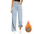 thumbnail image 2 of Drie Jeans With Fleece Lining Women Women's Fleece Lined Jeans High Waisted Straight Wide Leg Stretchy Winter Jean Cute Boyfriend Y2k Mom Denim Pants Light Blue,L/M, 2 of 4