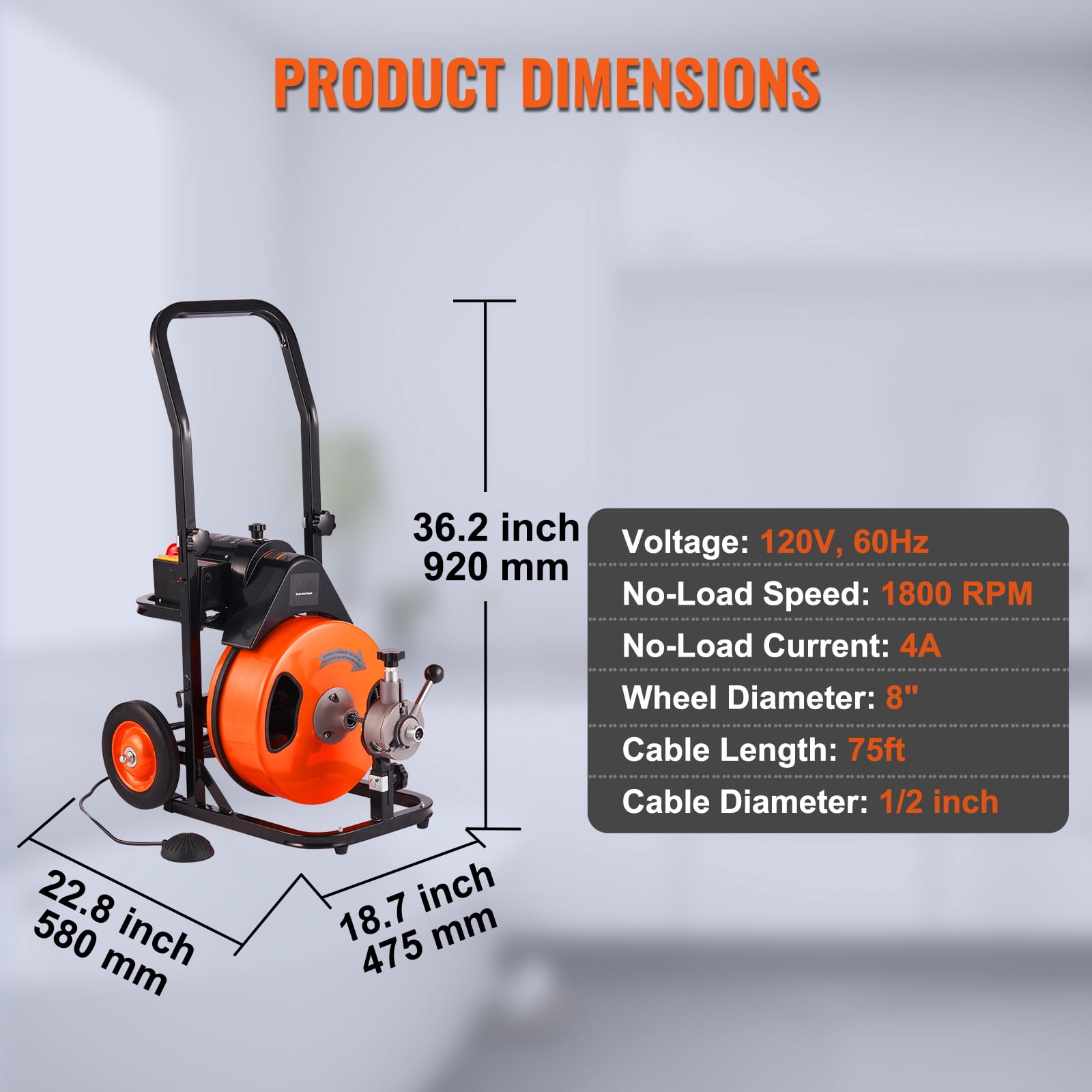 BENTISM Drain Cleaner Machine 75ft x 1/2 in, Electric Drain Auger 1800 RPM Auto Feed Drain Cleaner Machine Commercial Sewer Snake Drill