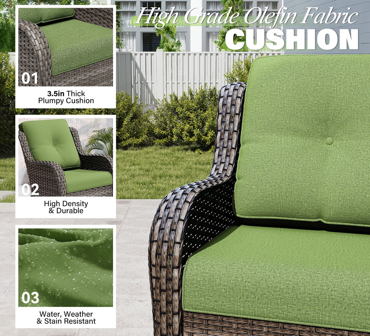Meetleisure 6 Piece Wicker Patio Furniture Set, Rattan Chairs with Ottomans, High Back, Deep Seating, Wide Armrest, Thick Cushions for Deck Porch, Green