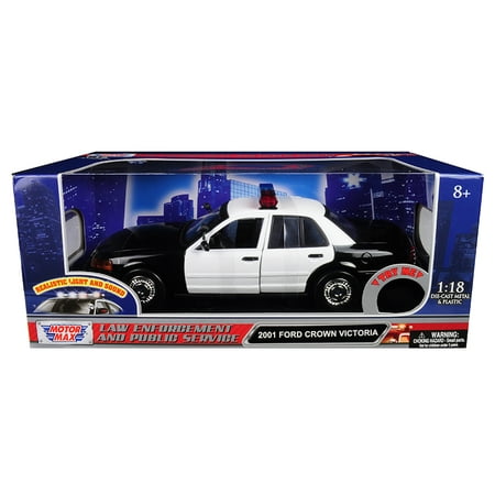 Police 2007 Ford Crown - 2001 Ford Crown Victoria Police Car Black & White w/ Flashing Light Bar, Front & Rear Lights & Sound 1/18 by Motormax