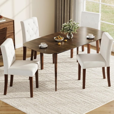 Upholstered Dining Chairs Set of 4 Farmhouse Fabric Kitchen Chairs with High Back Thickened Cushion Wooden Legs Modern Dining Room Chairs for Living Room Restaurant White