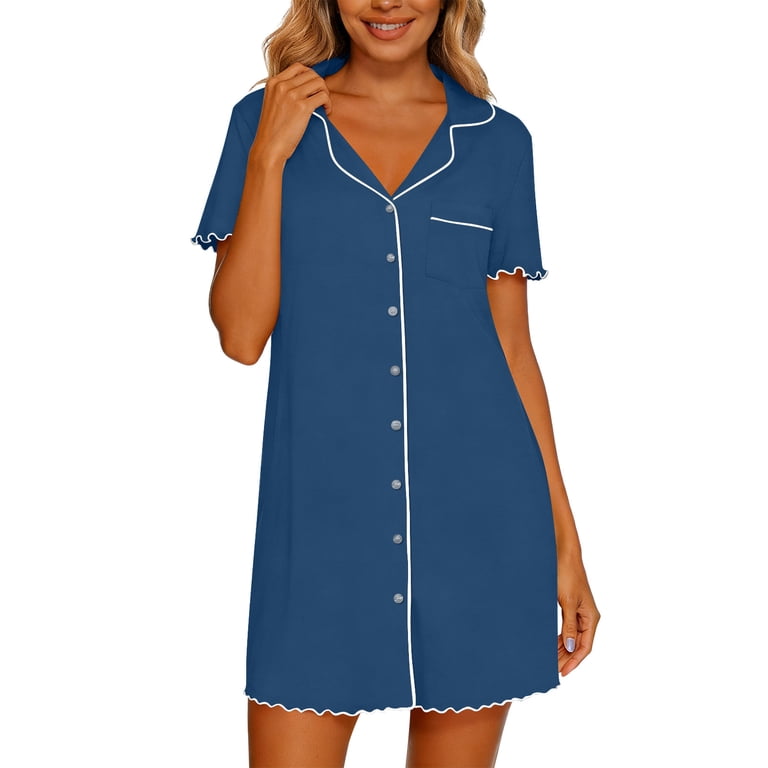 walmart ladies house dresses Oksale Womens with Snaps Casual Lapel Mini Nightgowns Cozy Soft Short Sleeve Curl Trim Loungewear with Pockets Red S material: polyester