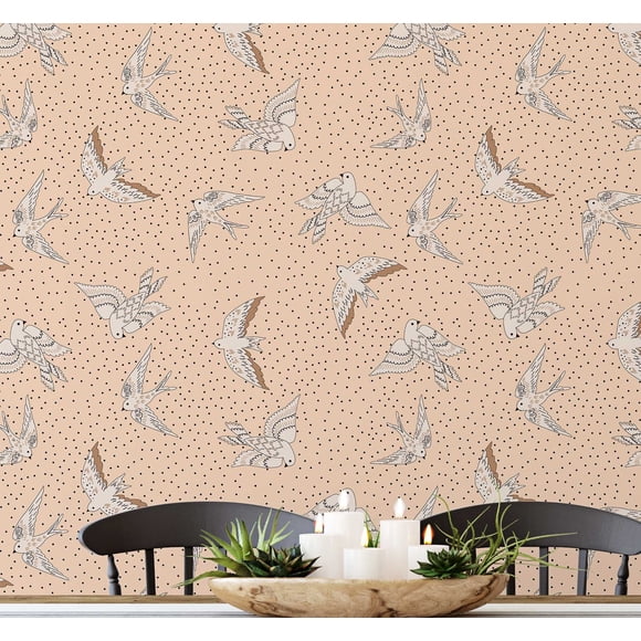 S4sassy Self Adhesive Wallpaper, Flying Birds with Dots Wallpaper, Orange Removable DIY Vinyl Wall Covering, Peel and Stick Contact Paper for Entryway accent Wall, Easy Home Decor (25"x240")