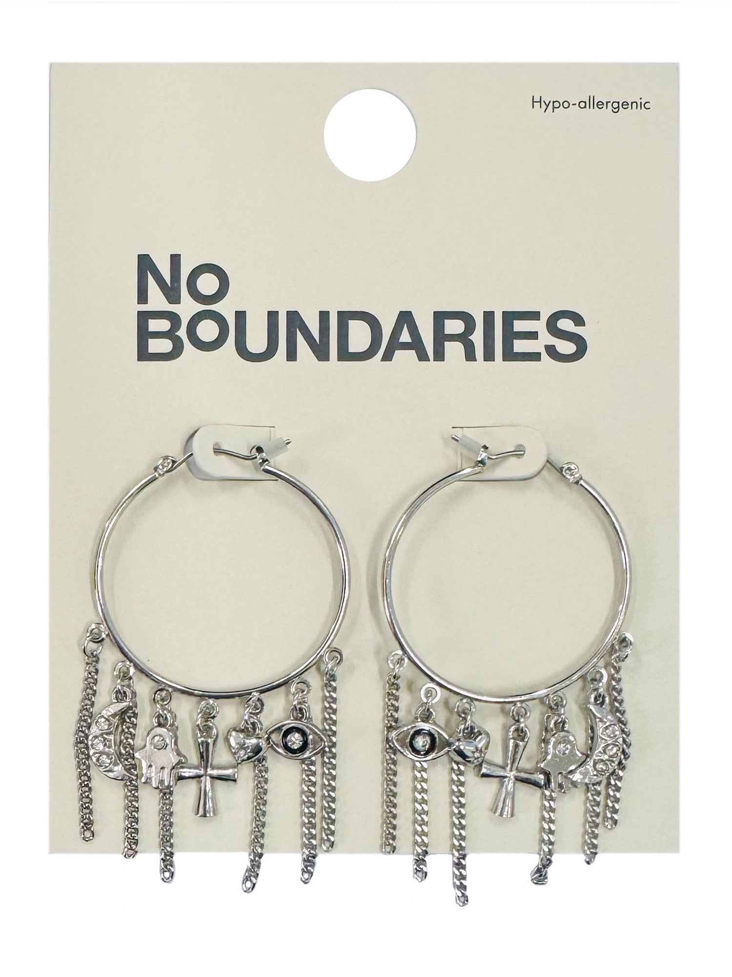 No Boundaries Women's Multi Charm Hoop Rhodium Silver Earrings, 1 Pair