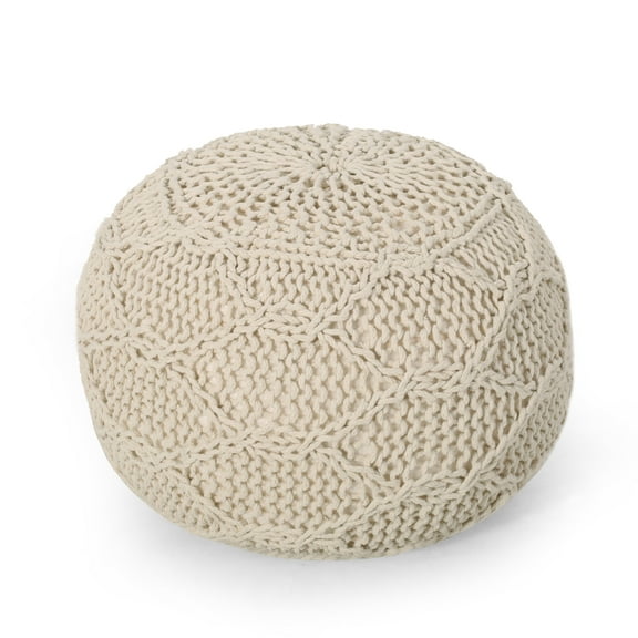 Desert Fields Maysville Cotton Knitted Round Pouf, Ivory, 20" x 14"