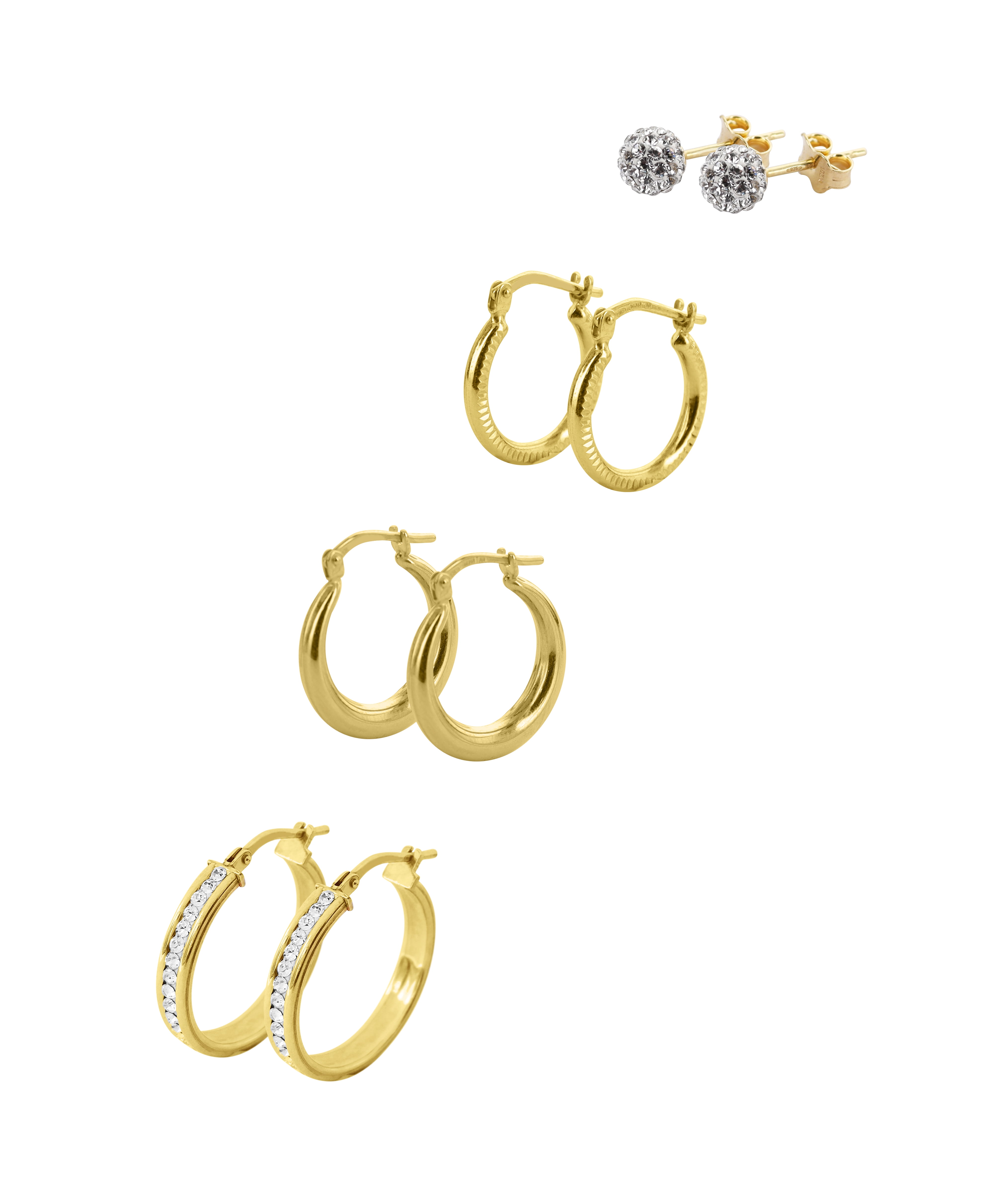 Brilliance Fine Jewelry Sterling Silver 14K Gold Plated Crystal Studs and Hoops Adults Earring Set; Adults 4 Pairs
