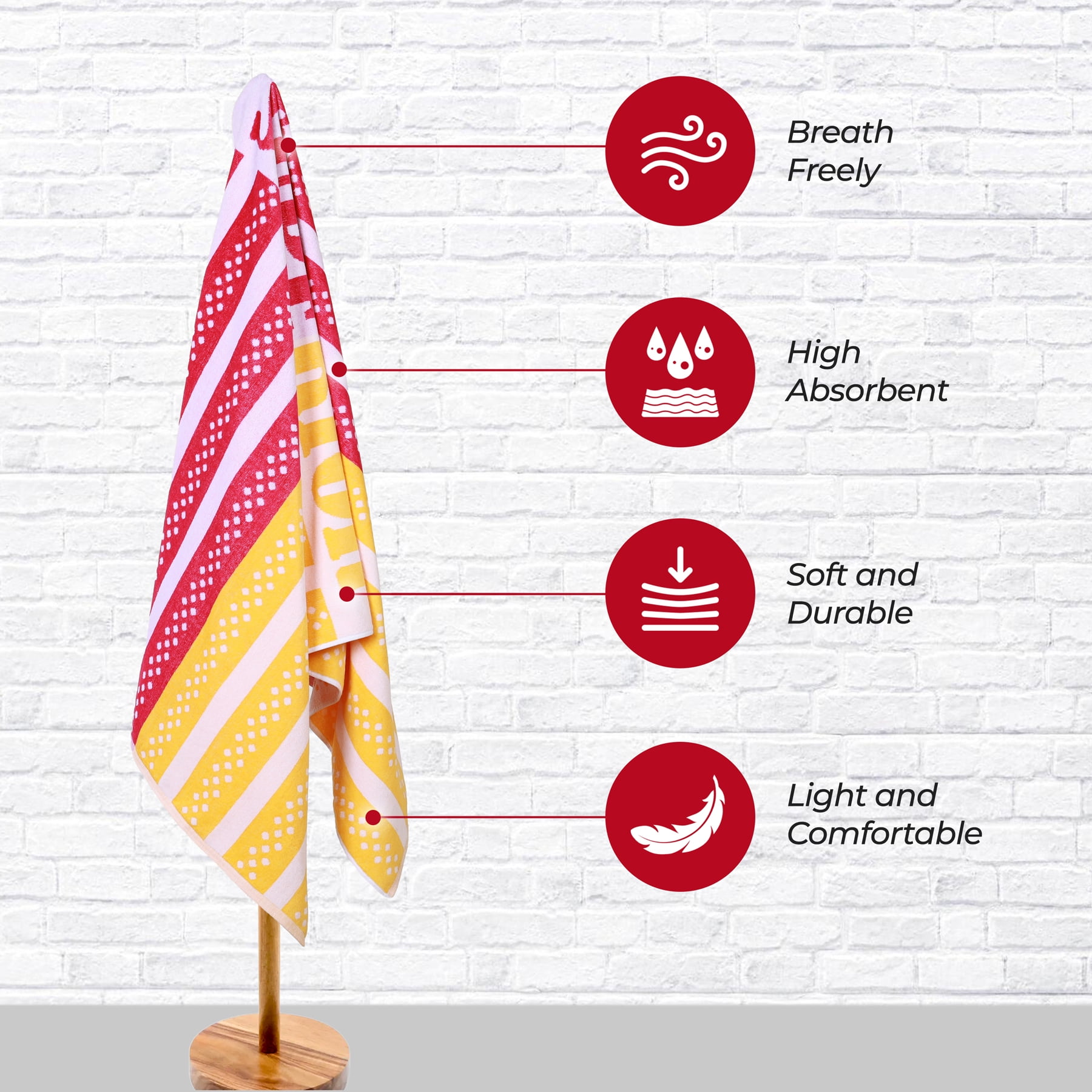 Superior Striped Cotton Large Oversized Beach Towel, 34" x 68", Warm, Red/ Yellow