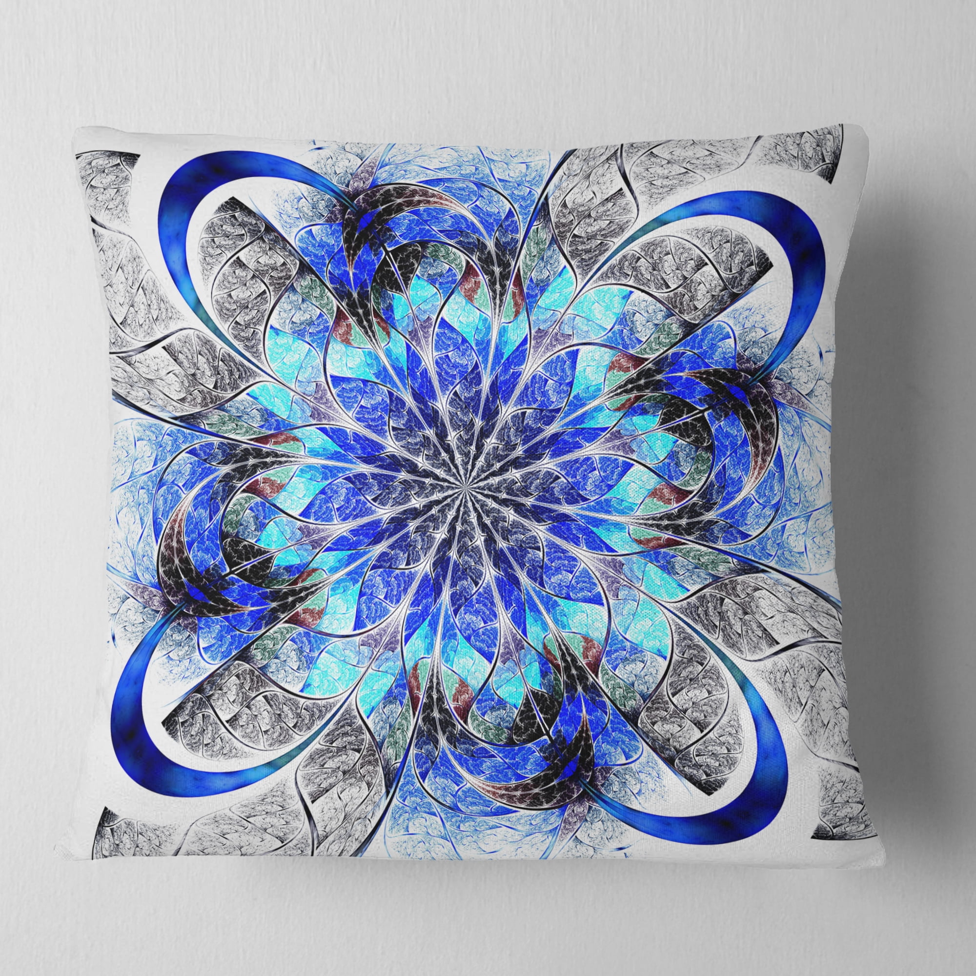 Designart Symmetrical Blue Fractal Flower - Abstract Throw Pillow - 16x16