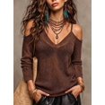 thumbnail image 2 of Women's Sheer Knit Top V-Neck Cold Shoulder Cutout Shoulder Long Sleeve Loose Fit Pullover for Fall Winter Layering Boho Vacation Daily Outfits, 2 of 8