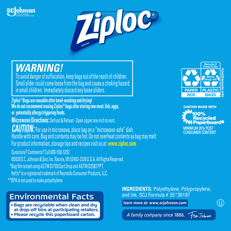 Ziploc Slider Storage Gallon Bags with Power Shield Technology, 15 Count