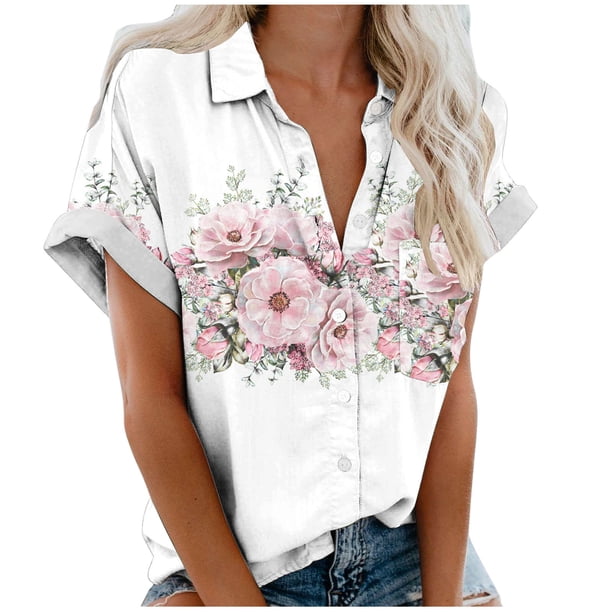 Mujeres Pantalones Cortos Impresos Manga Corta con Cuello en V Blusa Superior, Casual Y Elegante Corto para las Mujeres Verano Casual