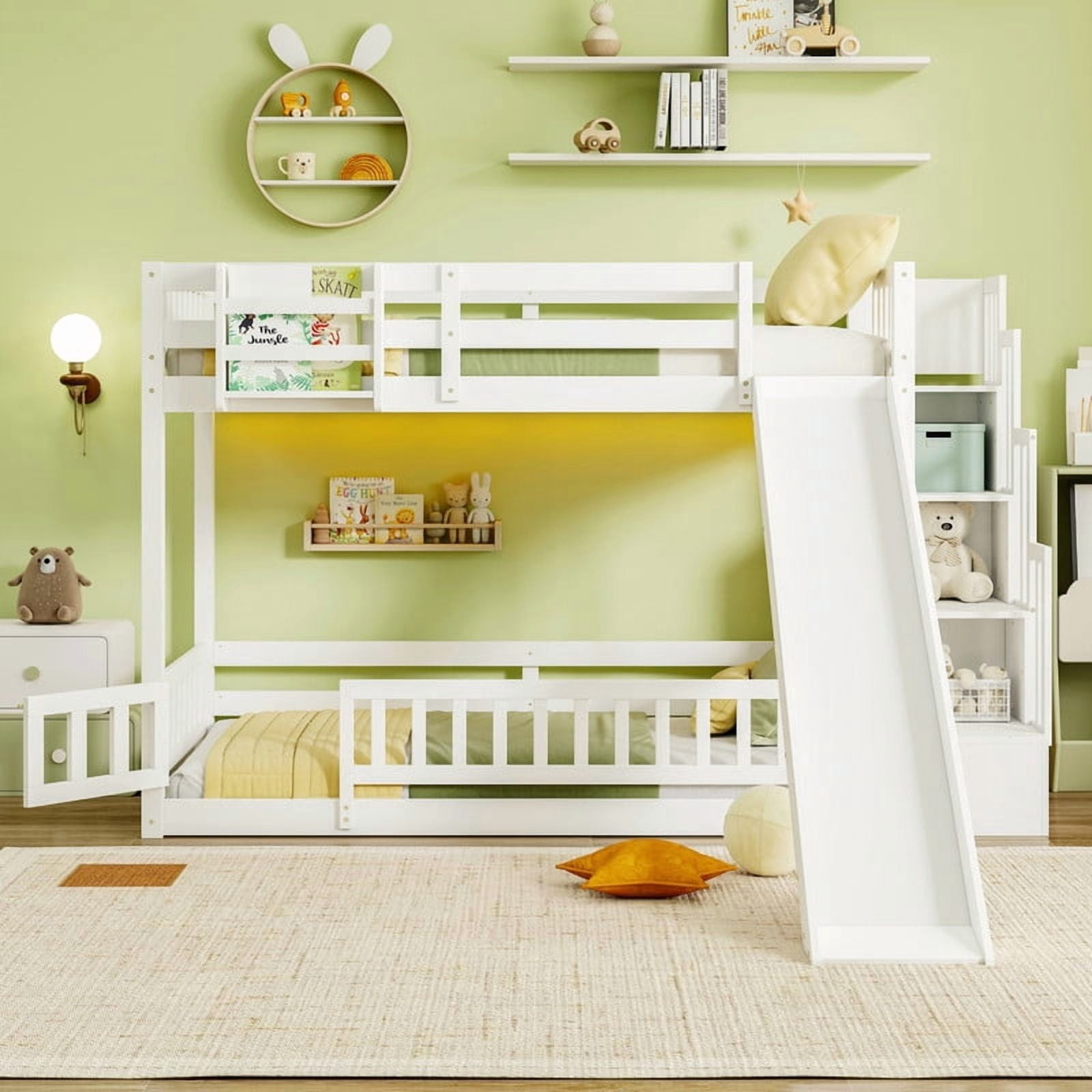 Twin-Over-Twin Bunk Bed with Slide, Storage Staircase & Detachable Rack, Wooden Kids Bed Frame with LED Light & Guardrail