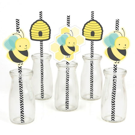 Honeystix Straws - Honey Bee - Paper Straw Decor - Baby Shower or Birthday Party Striped Decorative Straws - Set of 24