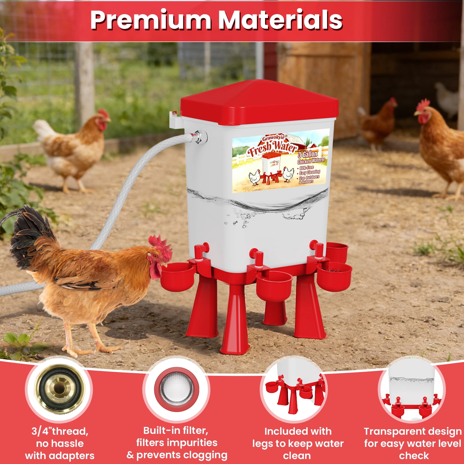 3 Gallon Red Automatic Chicken Waterer, Float-Controlled Continuous Water, Hose Connectable, Hands-Free Poultry Water Feeder for Chicks Ducks Geese
