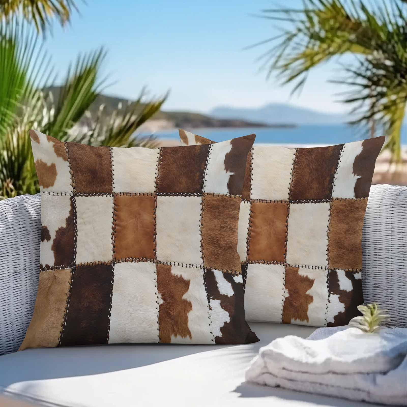 Waterproof Throw Pillow Covers Set of 2, 24x24 Inch Abstract Cowhides Decorative Pillowcases Outdoor Pillow Slip Cushion Covers Set for Couch Tent Brown Beige Animal Fur Texture