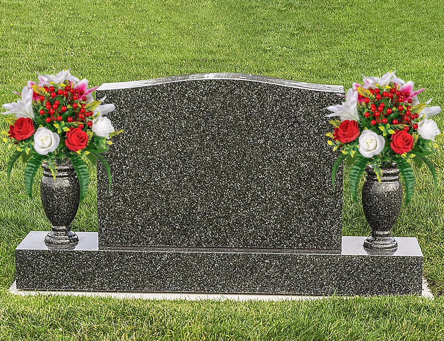 Artificial Cemetery Flowers with Vase, Artificial Rose Lily Bouquet Grave Memorial Flowers for Cemetery Headstones Gravesites Decoration (Set of 2, White&Red)