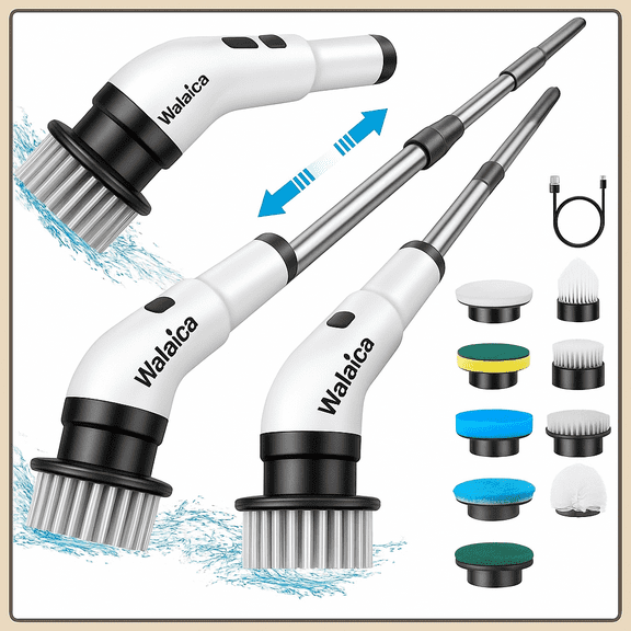 Electric Spin Scrubber, Cordless Cleaning Brush with 8 Replaceable Brush Heads, Tub and Floor Tile 360 Power Scrubber Dual Speed with Adjustable & Detachable Handle for Bathroom Kitchen Car