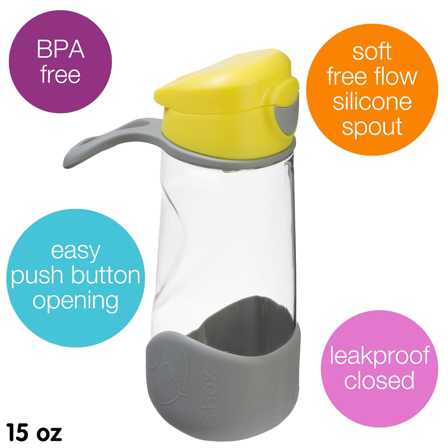 b.box 15 oz Sport Spout Kids Water Bottle for School, Sports, Travel, Daycare. Leakproof, Spill Proof, Dishwasher Safe. Easy Grip Triangle Shape, Durable Tritan Material. BPA Free. Lemon Sherbert