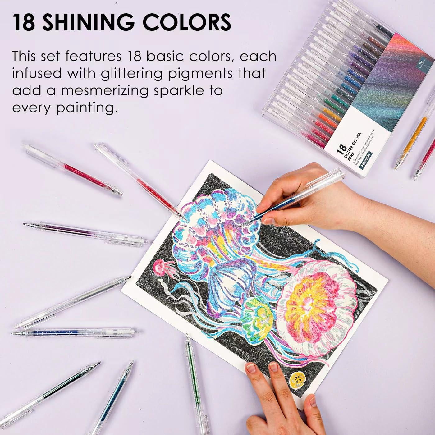 Glitter Gel Pens  18 Colors For Adult Coloring Books Journaling Drawing Scrapbooking And Diy Crafts Retractable Ink Art Work