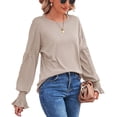 thumbnail image 1 of Mujeres T Camisas ronda Masajeadores de cuello shirred manga larga puff color puro casual Top para el desgaste diario albaricoque M, 1 of 4