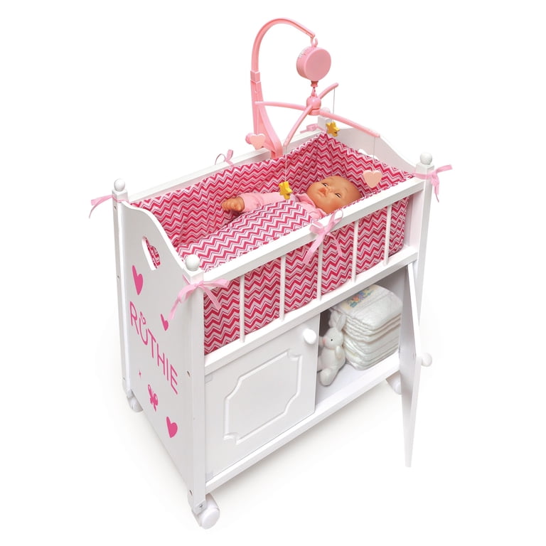 Cabinet Doll Crib with Chevron Bedding and Free Personalization