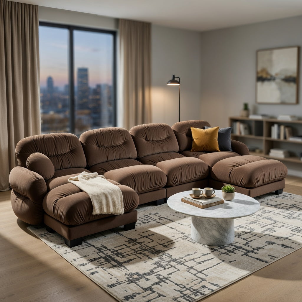 Hommoo Chenille 4-Piece L-Shaped Modular Sectional Sofa Set with Ottoman, Ergonomic High-Density Foam Cushions, Pleated Back Design & 2 Round Throw Pillows, Brown