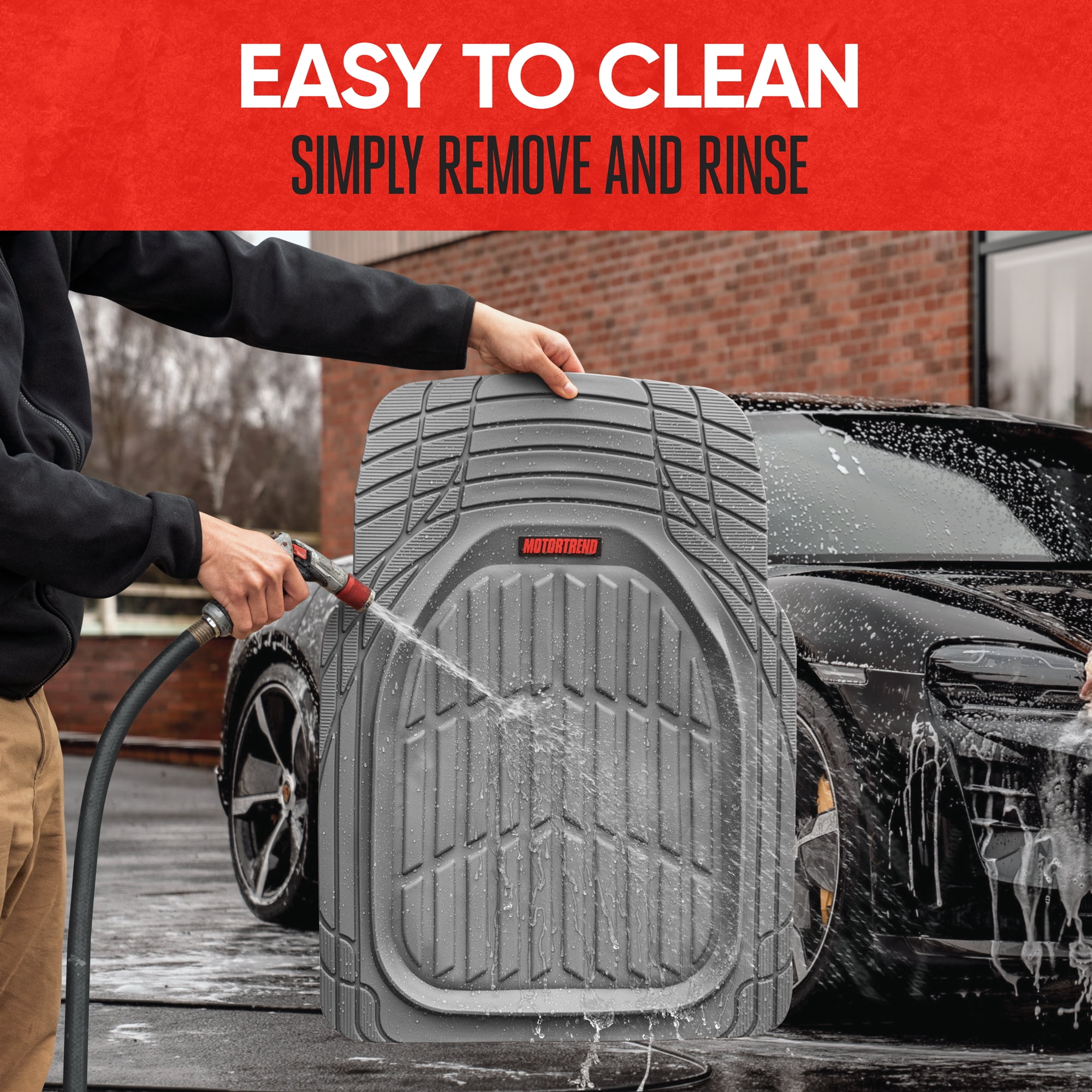 MOTOR TREND & BDK Heavy Duty Gray Rubber Car Mats Full Set - Universal Trim-To-Fit All Weather Floor Mats - Floor Mats for Car Accessories - Front & Back Interior Floor Mats for Truck Accessories