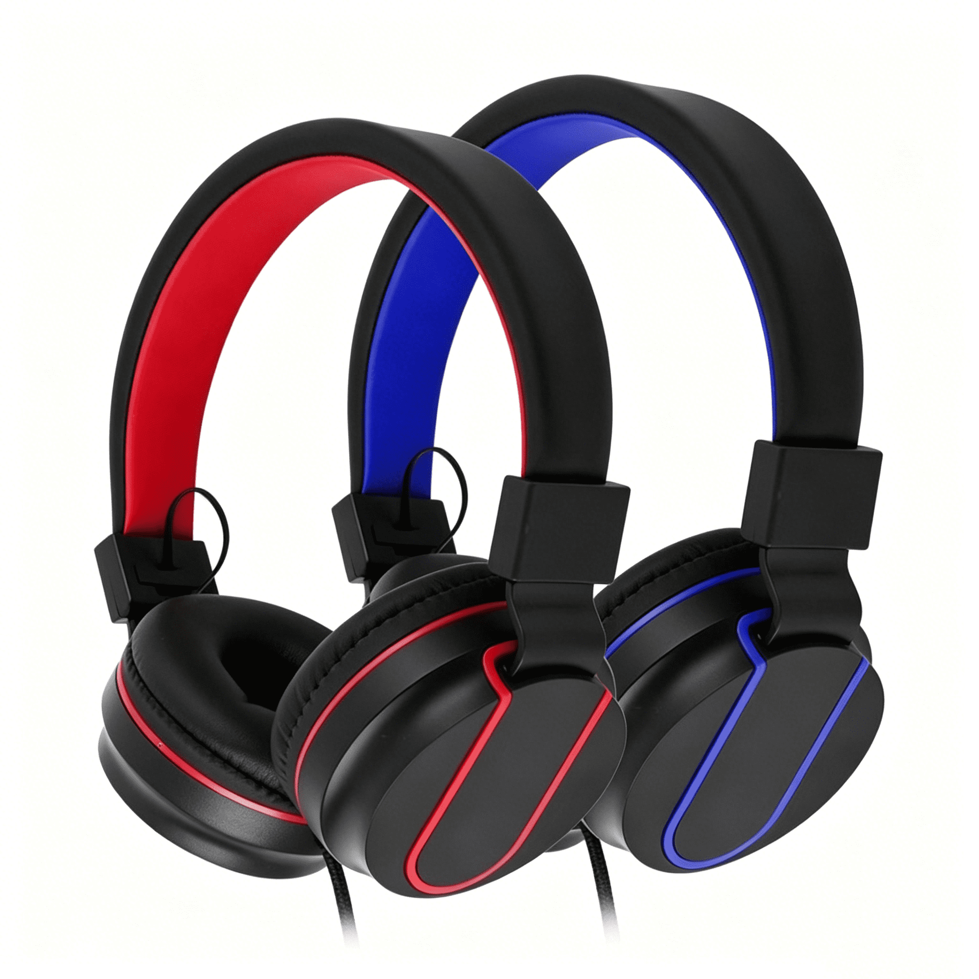 Kids Headphones 2 Pack, Ear Headphones for Kids, Wired Headphones with Microphone, Adjustable over Ear Headphones for Kids, Girls, Boys, Children, Cord 3.5mm Jack Wired for School Tablet (Red+Blue)