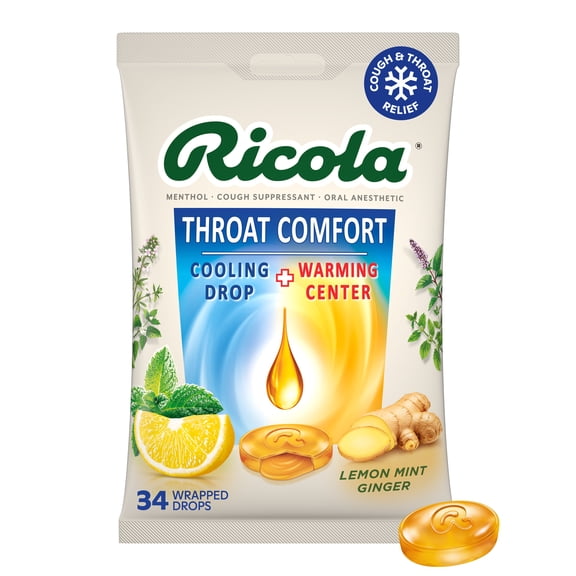 Ricola Throat Comfort Lemon Mint Ginger Cough Drops, Cooling Shell & Warming Liquid Center, 34 Count