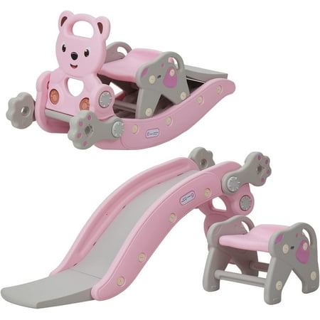 Kinbor Toddler Slide Rocking Horse–5 in 1 Toddler Playset with Basketball Hoop Indoor Outdoor Children Birthday Christmas Gifts for Boys Girls Pink