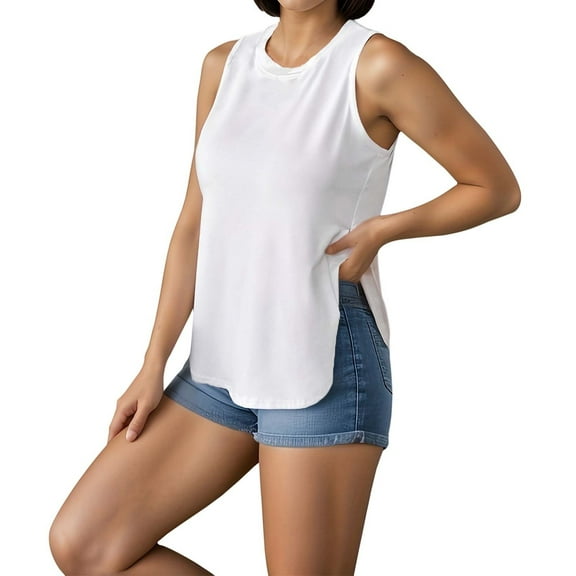 SHITINN Camisole Women Half Top Women's Casual Solid Color Loose Fit Side Split Round Neck Sleeveless Top